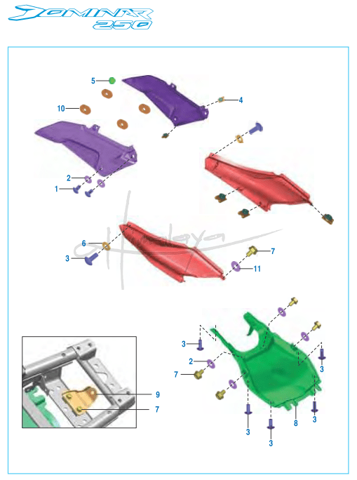 This is an image of Fittings Side Covers Under Tray Front - Dominar 250